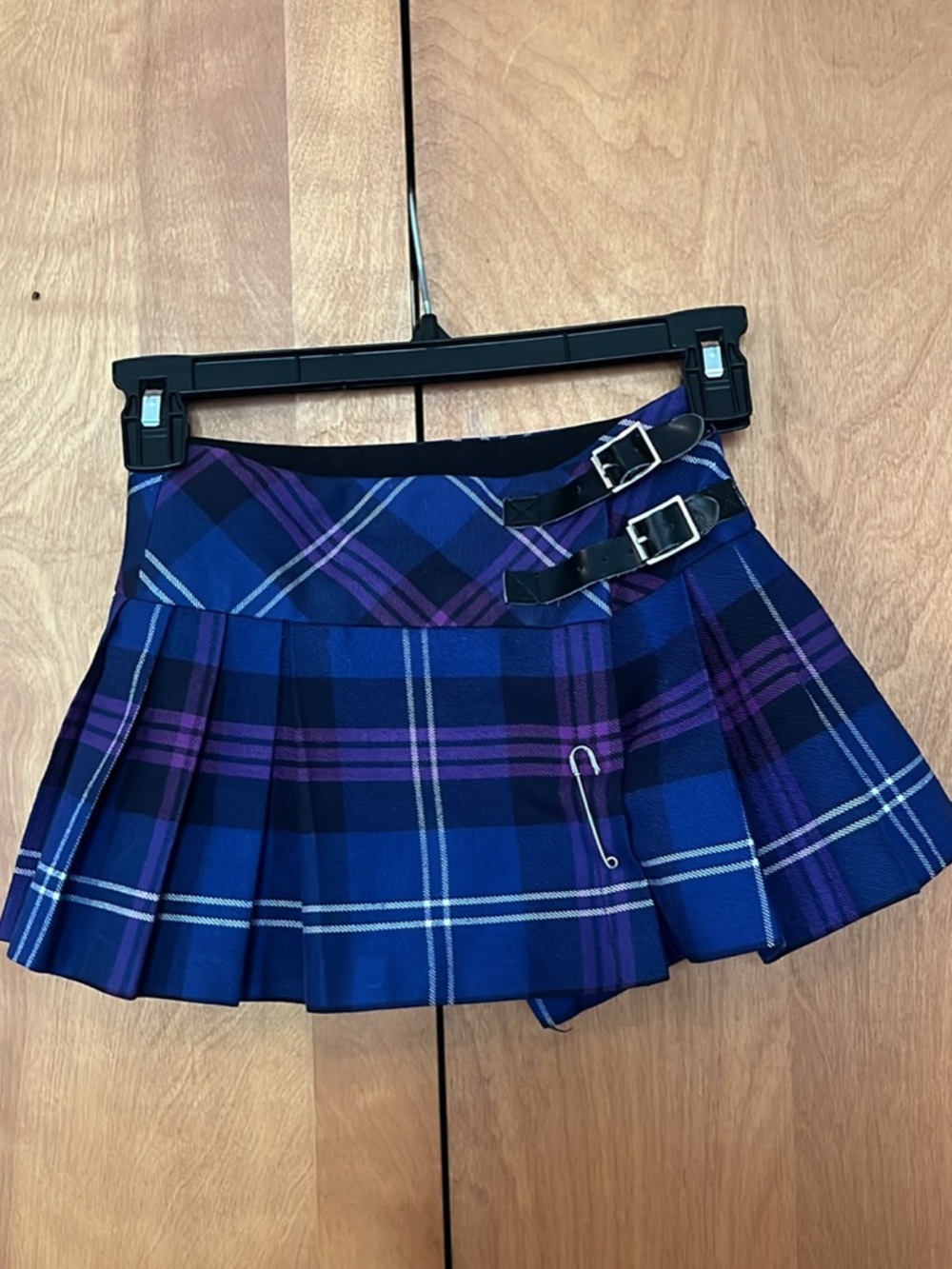 Girls' Blue & Purple Plaid Pleated Mini Skirt with Buckle Straps age 3-4